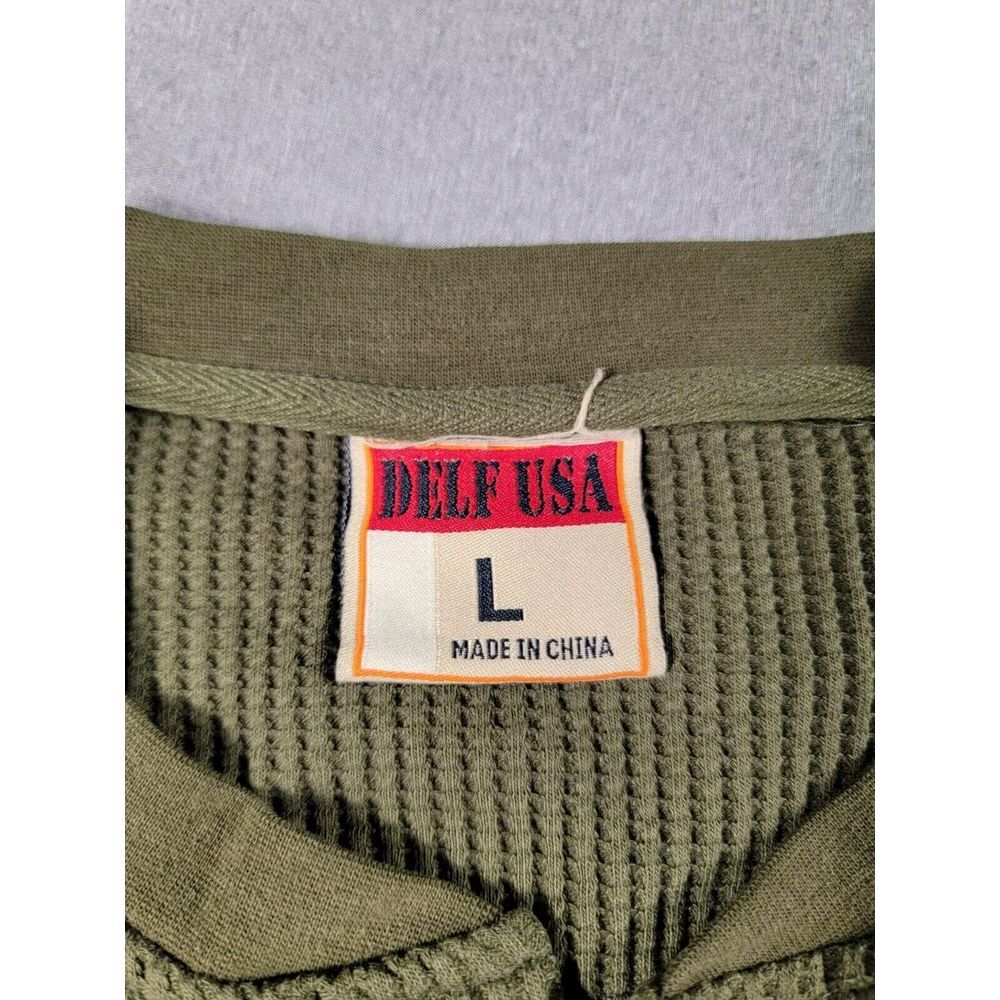 DELF USA Henley Waffle Knit Thermal Shirt Men's Large Long Sleeve Military Green - Picture 4 of 6